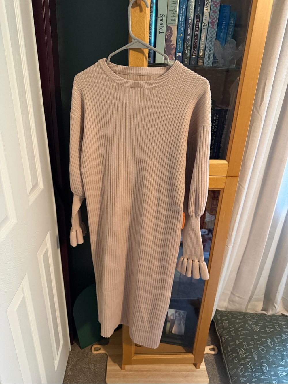 Ribbed Knit Long Sleeve Midi Dress in Beige